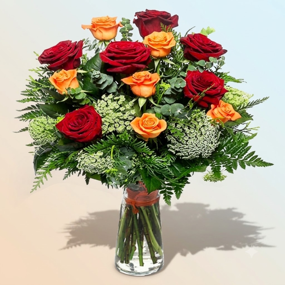 Red and Orange Roses Vase
