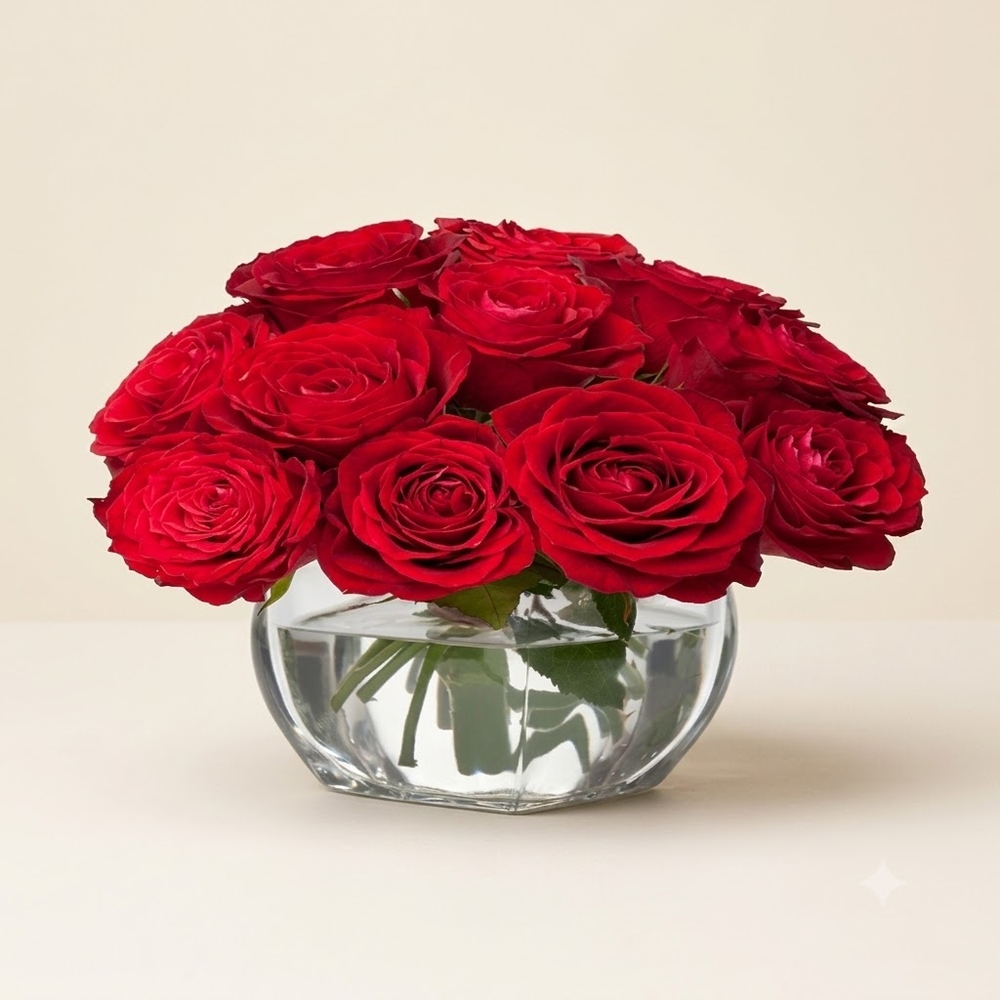 12 Red Roses in Crystal Vase