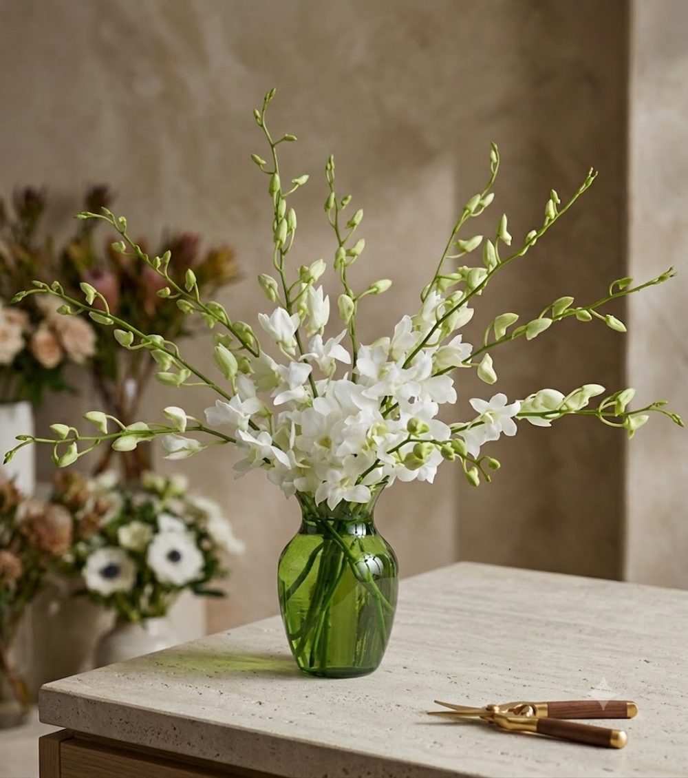 White Dendrobium Orchids in Vase