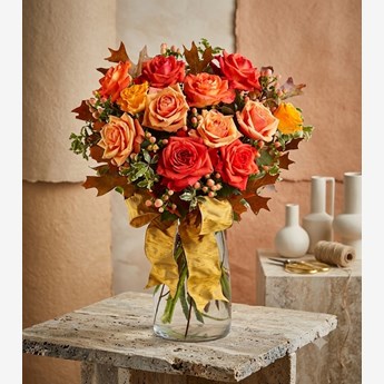 Red Yellow Orange Roses in Vase