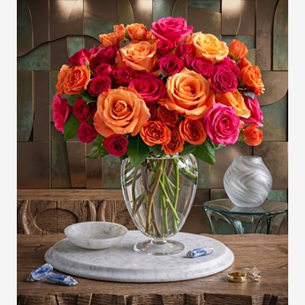 Vase with 60 Stems of Mixed Coloured Roses