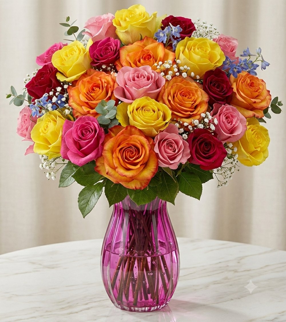Mixed Color Roses in a Vase