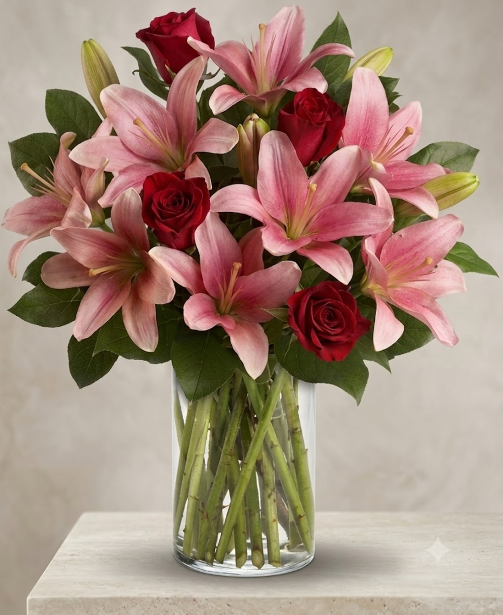 Pink Lilies with Red Roses Bouquet