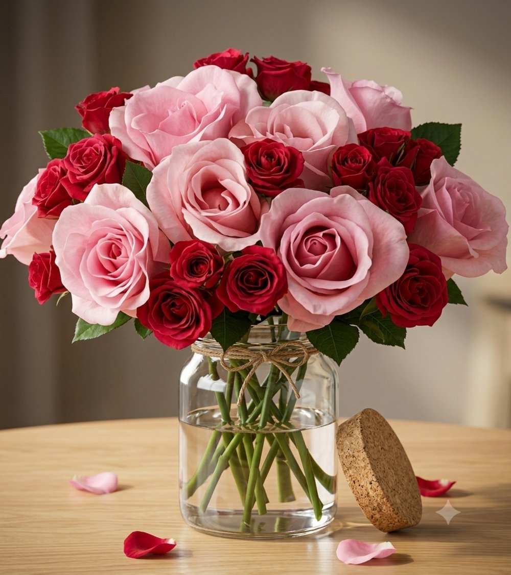 Pink and Red Roses in a Vase