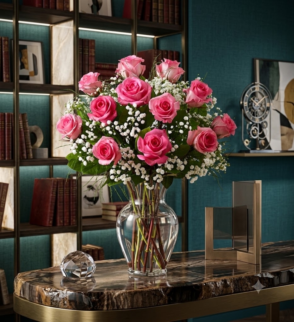 Pink Roses with Baby’s Breath in Vase