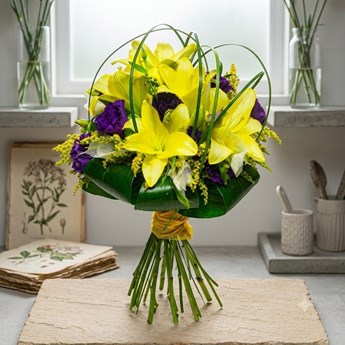 Yellow Asiatic Lily and Purple Floral Bouquet