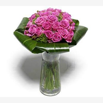 Vase with 30 Purple Roses , with folded green leaves