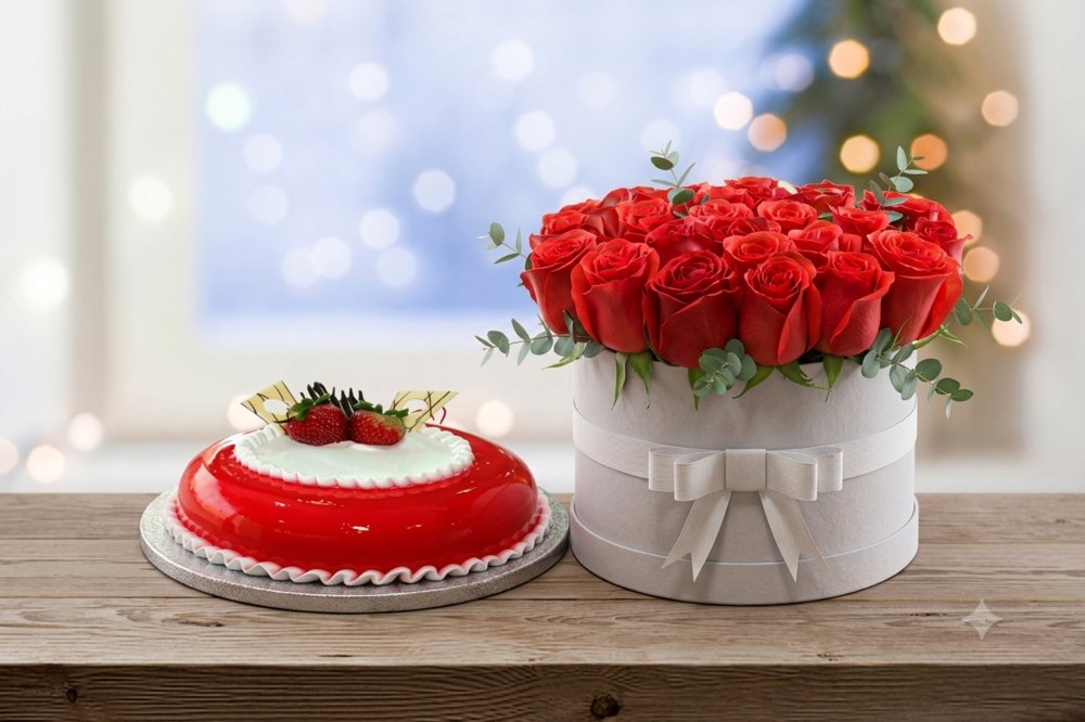 Radiant Roses & cake Arrangement