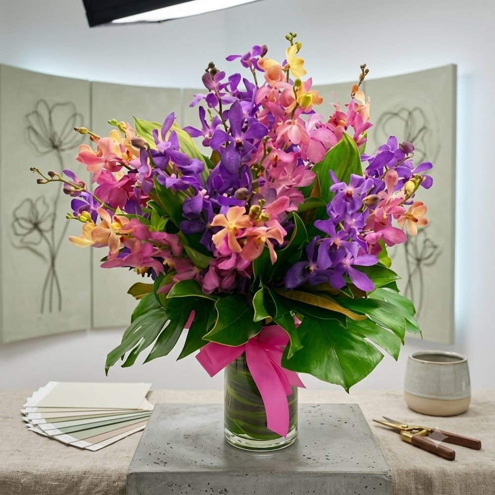 Purple, Pink Dendrobium Orchids in Vase
