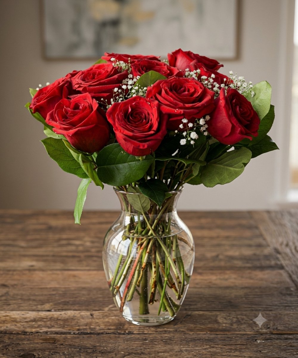 Red Roses & Glass Vase