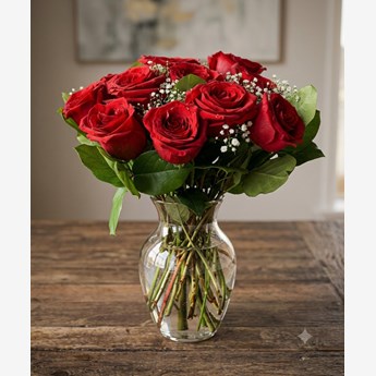 Red Roses & Glass Vase