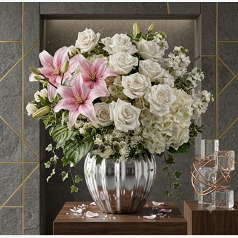 Vase with White Lilies, White Roses & Mixed White Flowers