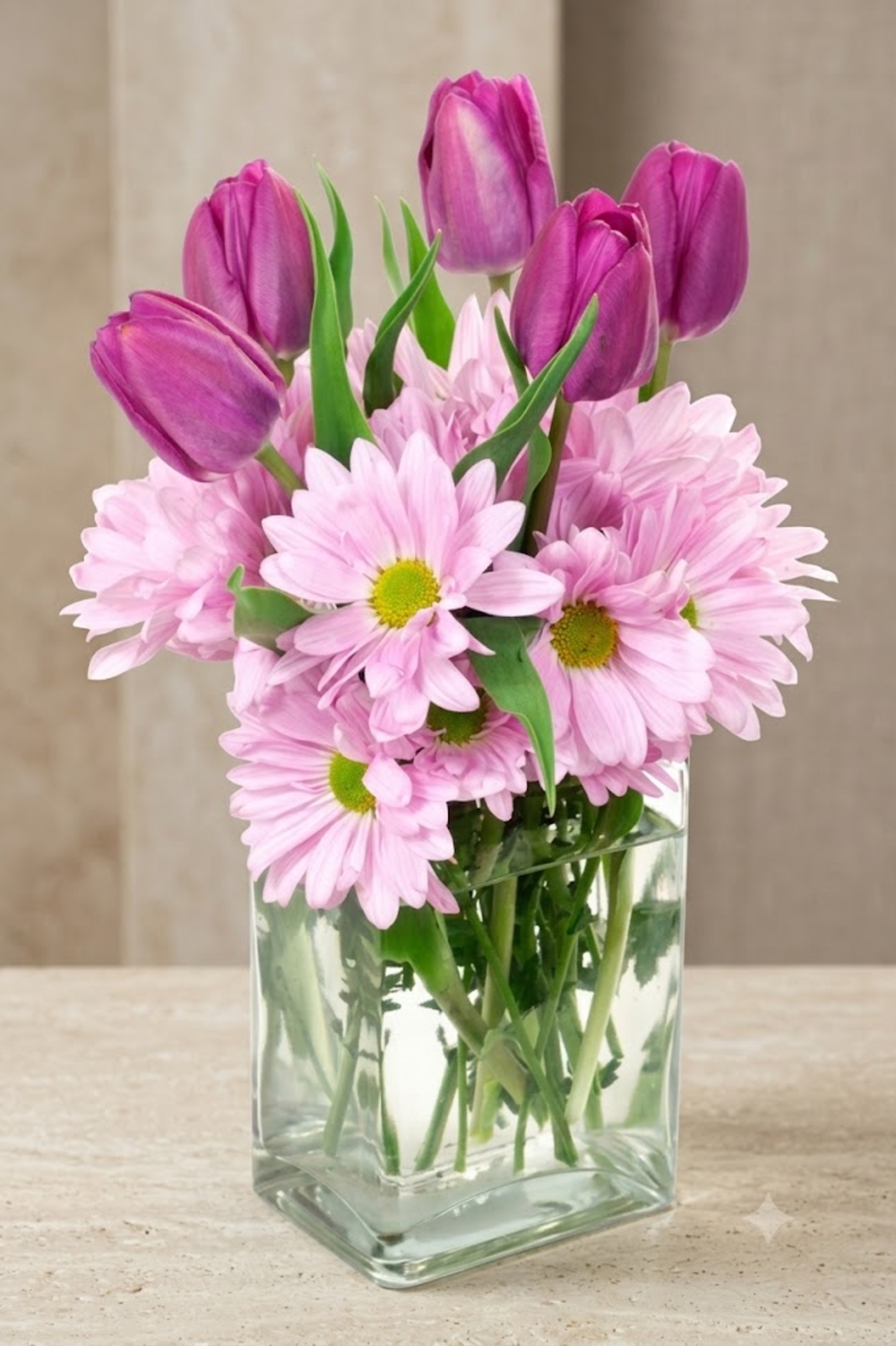 Purple Tulips and Pink Daisies Vase