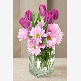 Purple Tulips and Pink Daisies Vase