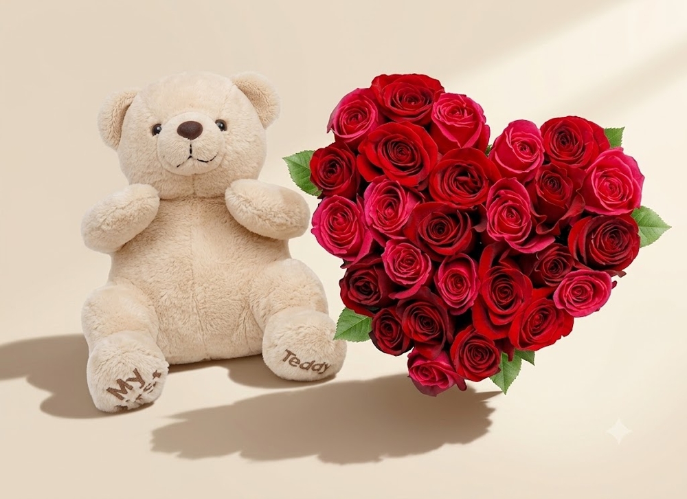 Red Roses Heart Bouquet with White Teddy Bear